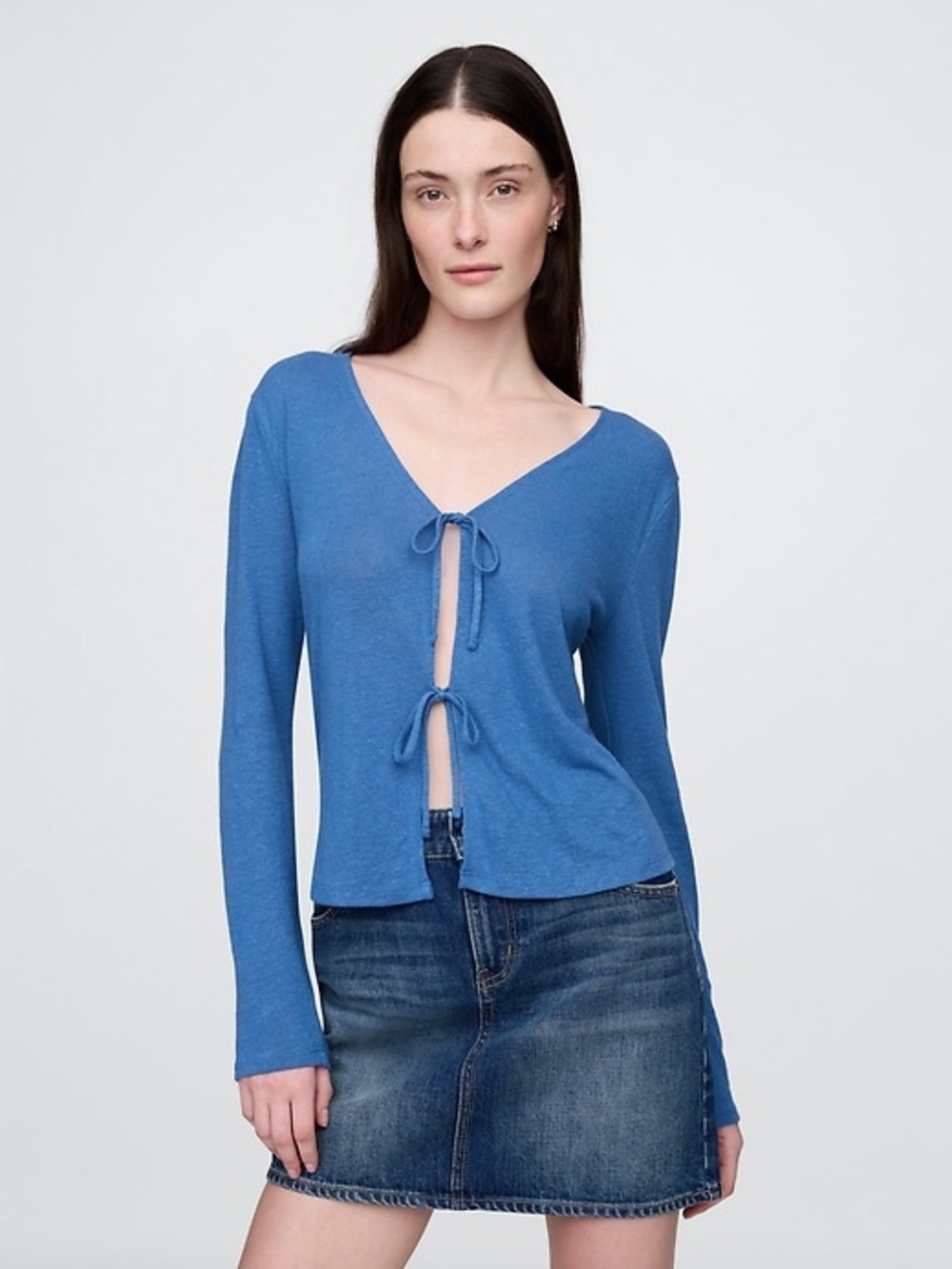Gap Linen-Blend Tie-Front Cardigan Blue Long Sleeve